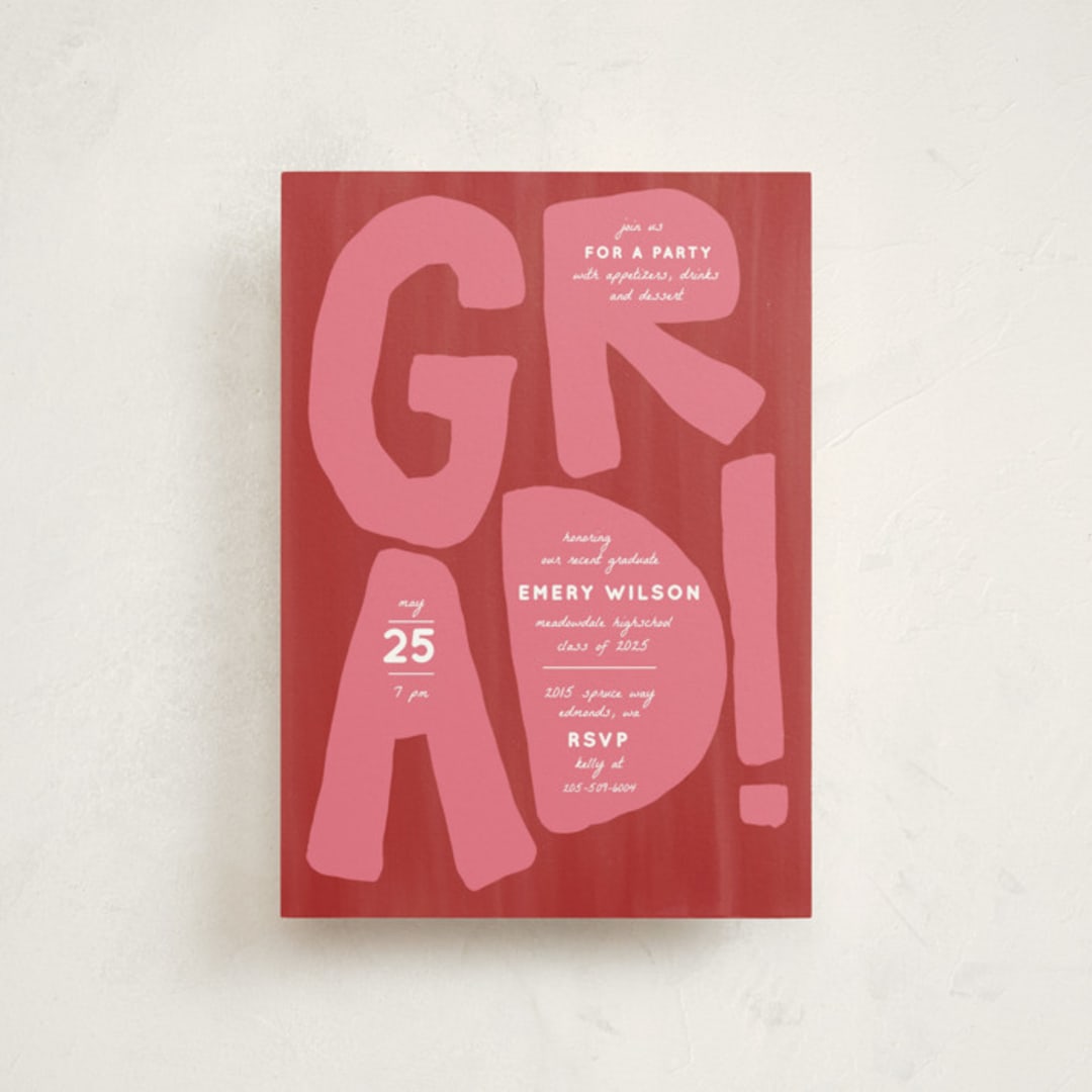 "GRAD!" - Graduation Party Invitations in Ruby by Erin Kessler - Front