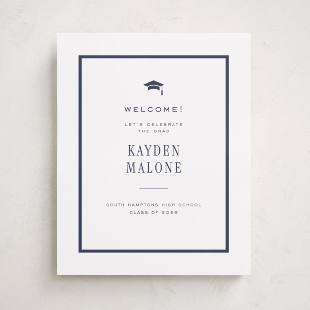 "Collegiate Line" - Graduation Welcome Signs in Navy by Jennifer Wick - Front