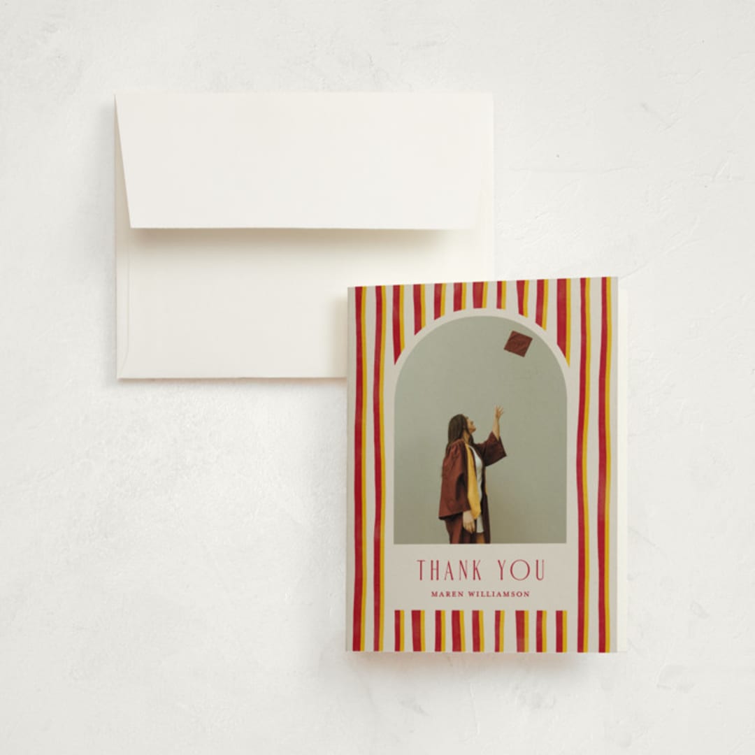 "Grad Stripes" - Graduation Thank You Cards in Rose & Sunflower by Anna Elder - Front