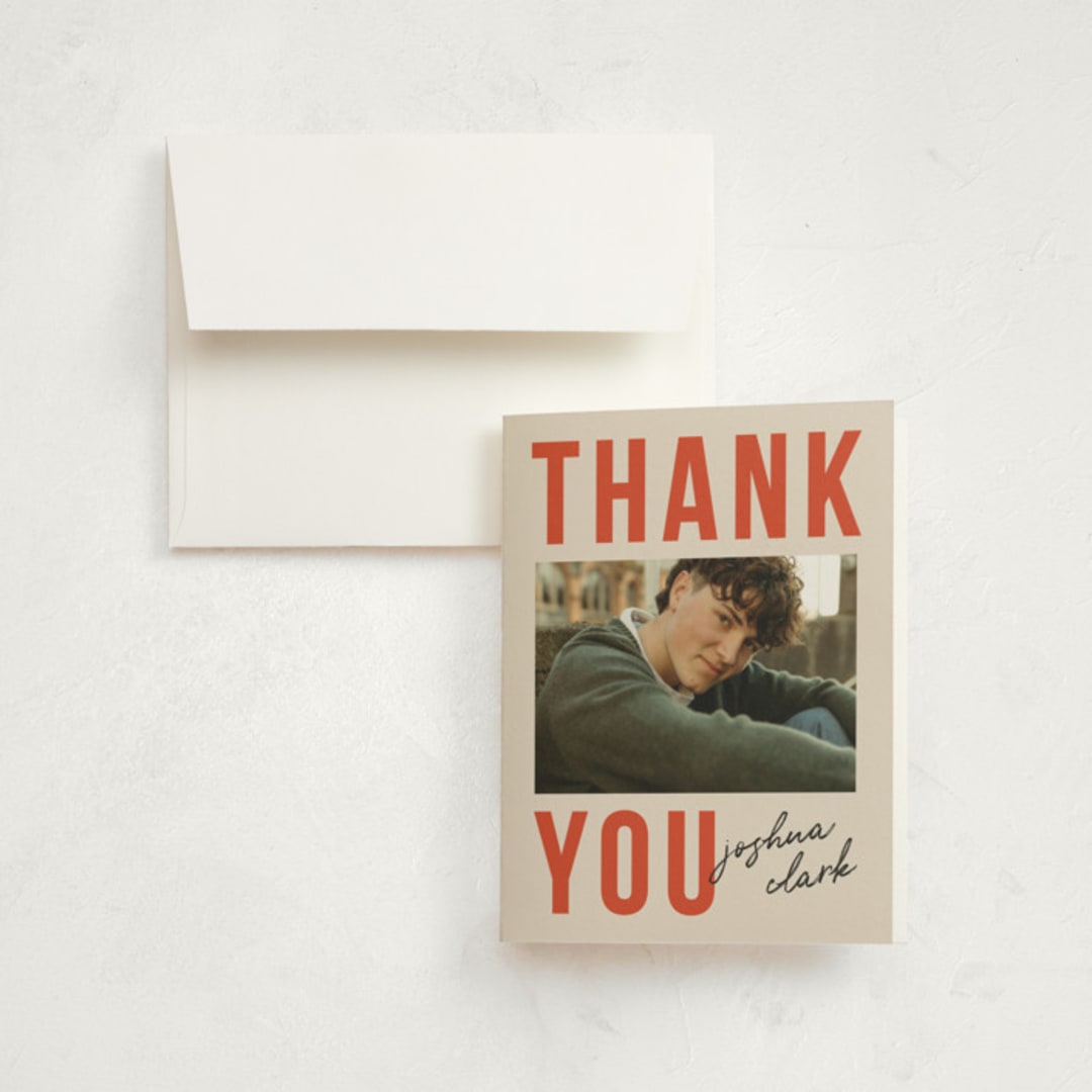 "Poster Type" - Graduation Thank You Cards in Tangerine by Robert and Stella - Front