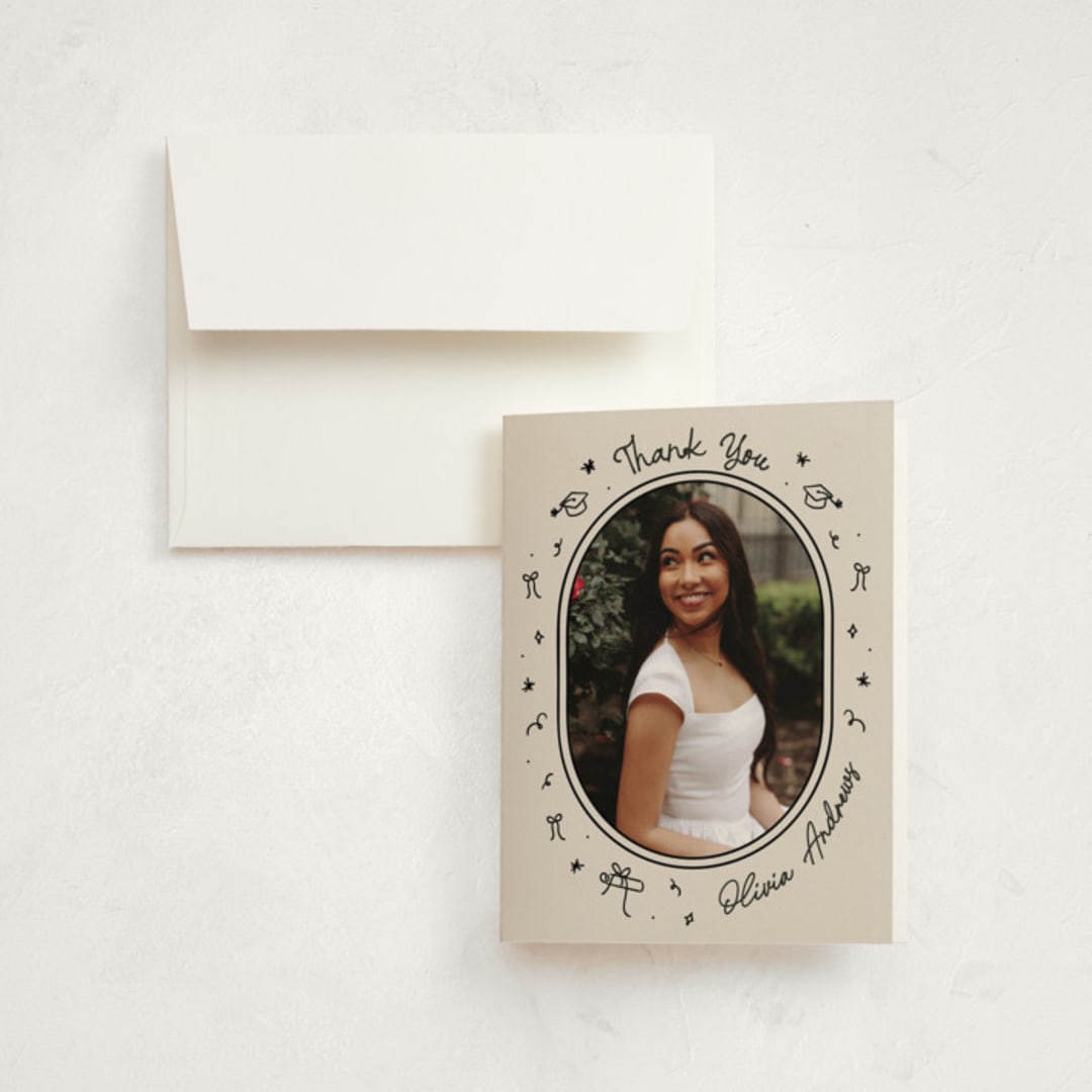 "Illustrated Grad" - Graduation Thank You Cards in Onyx by Ashley Iwafuchi - Front