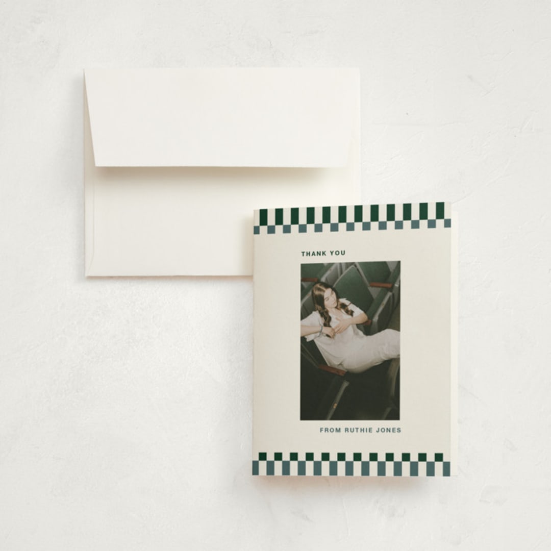 "Checked Out" - Graduation Thank You Cards in Pine by Rachel Cassel - Front