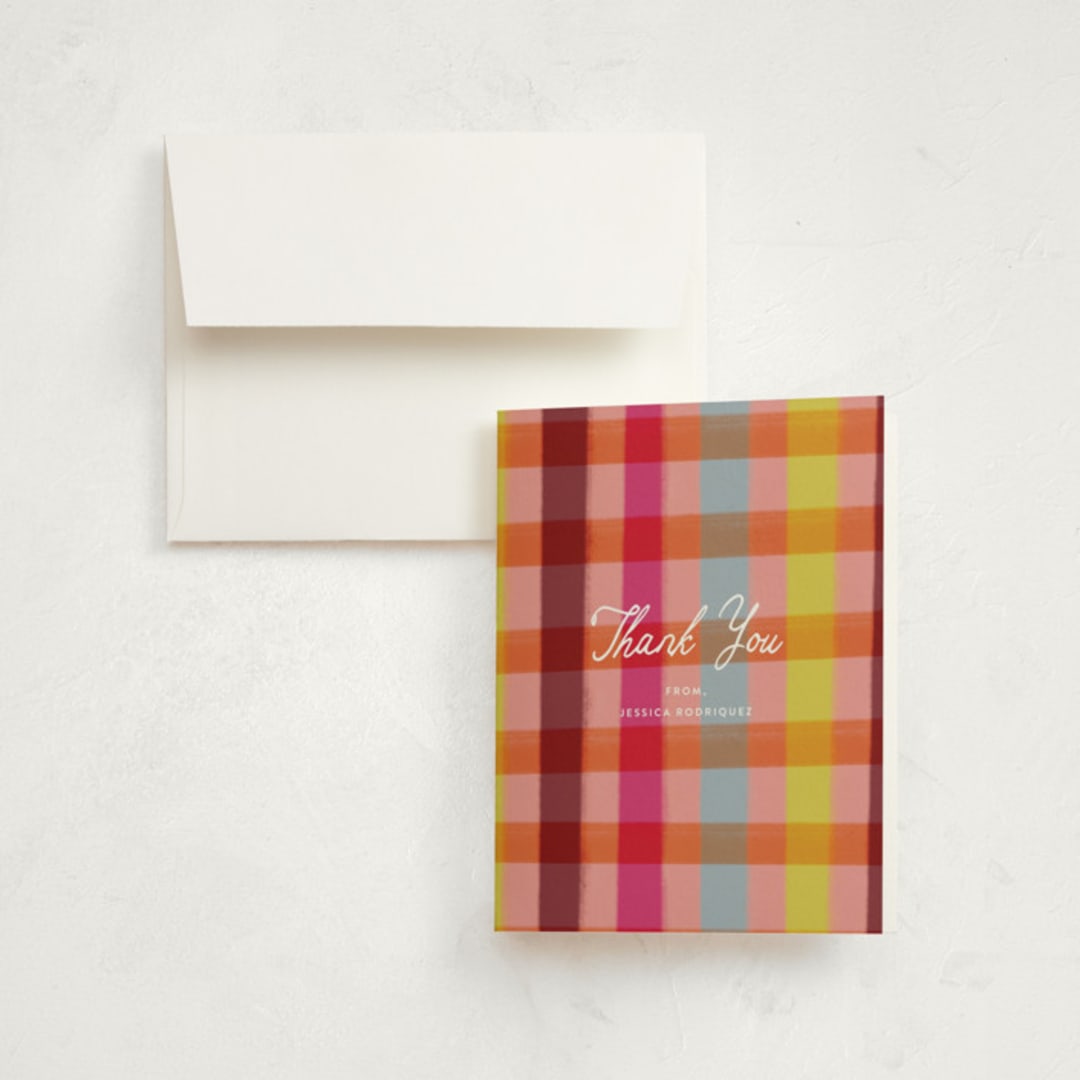 "Rainbow plaid" - Graduation Thank You Cards in Ruby by Kat Roberts - Front