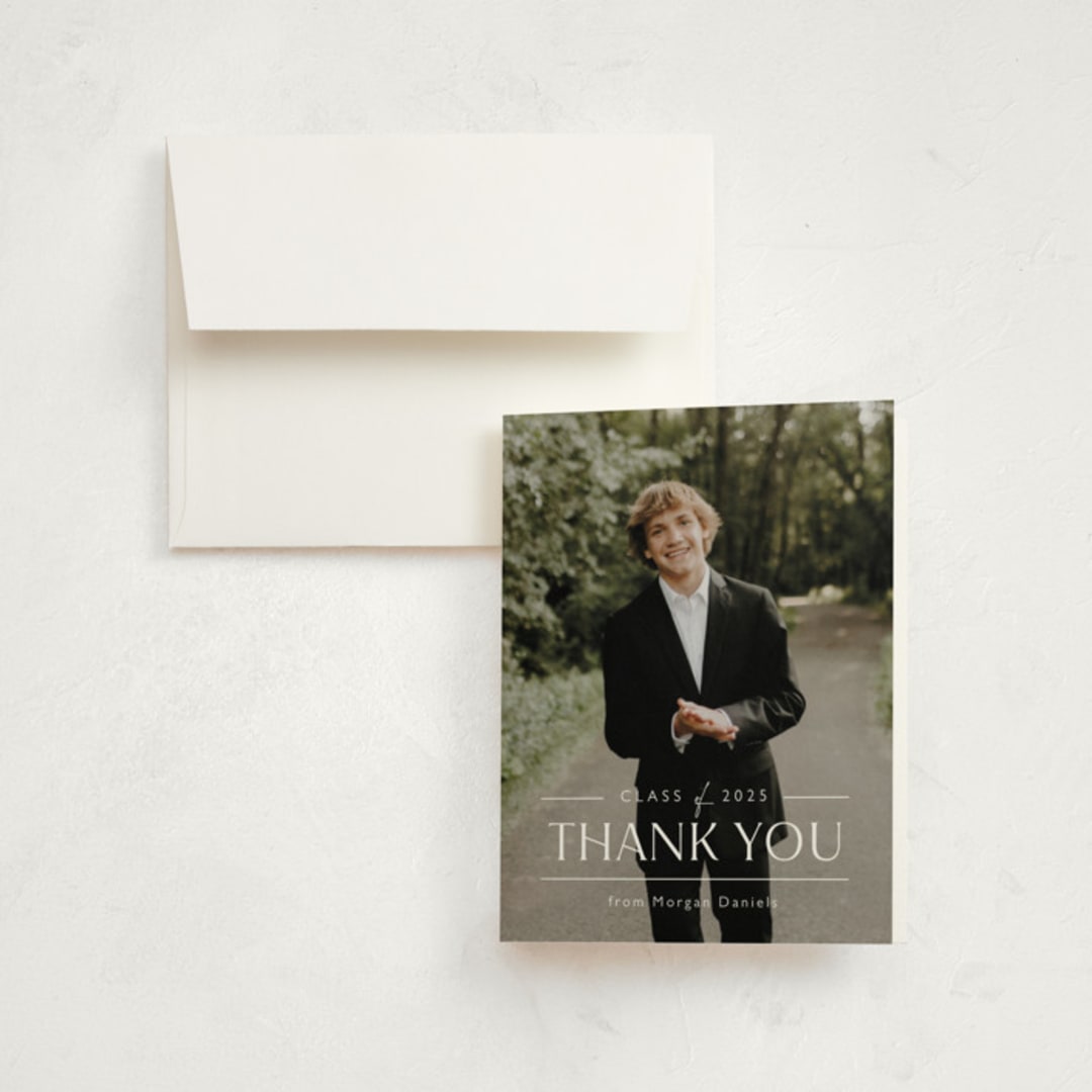 "Grad in Overlay" - Graduation Thank You Cards in Eggshell by Carolyn MacLaren - Front