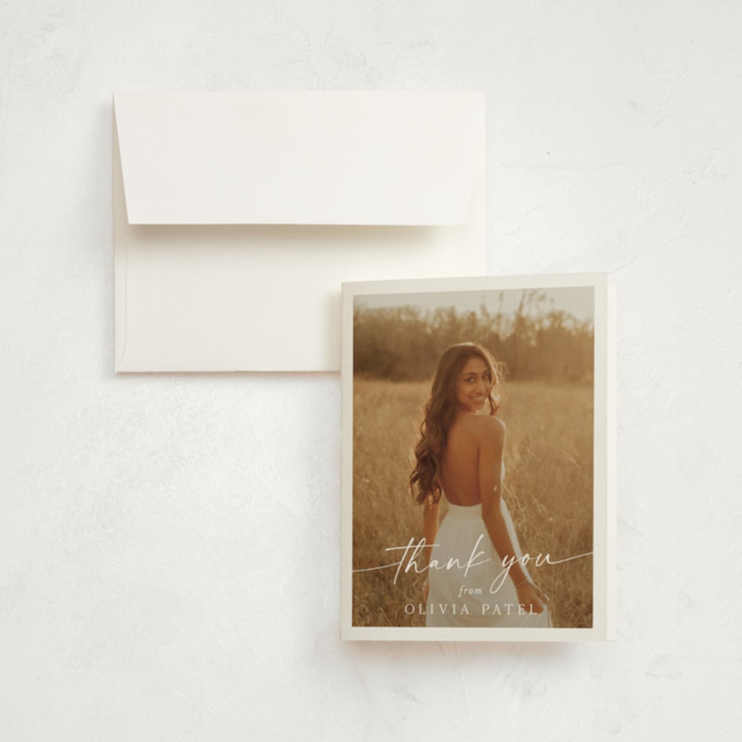 "Graduate Script" - Graduation Thank You Cards in Snow by Sarah Curry - Front