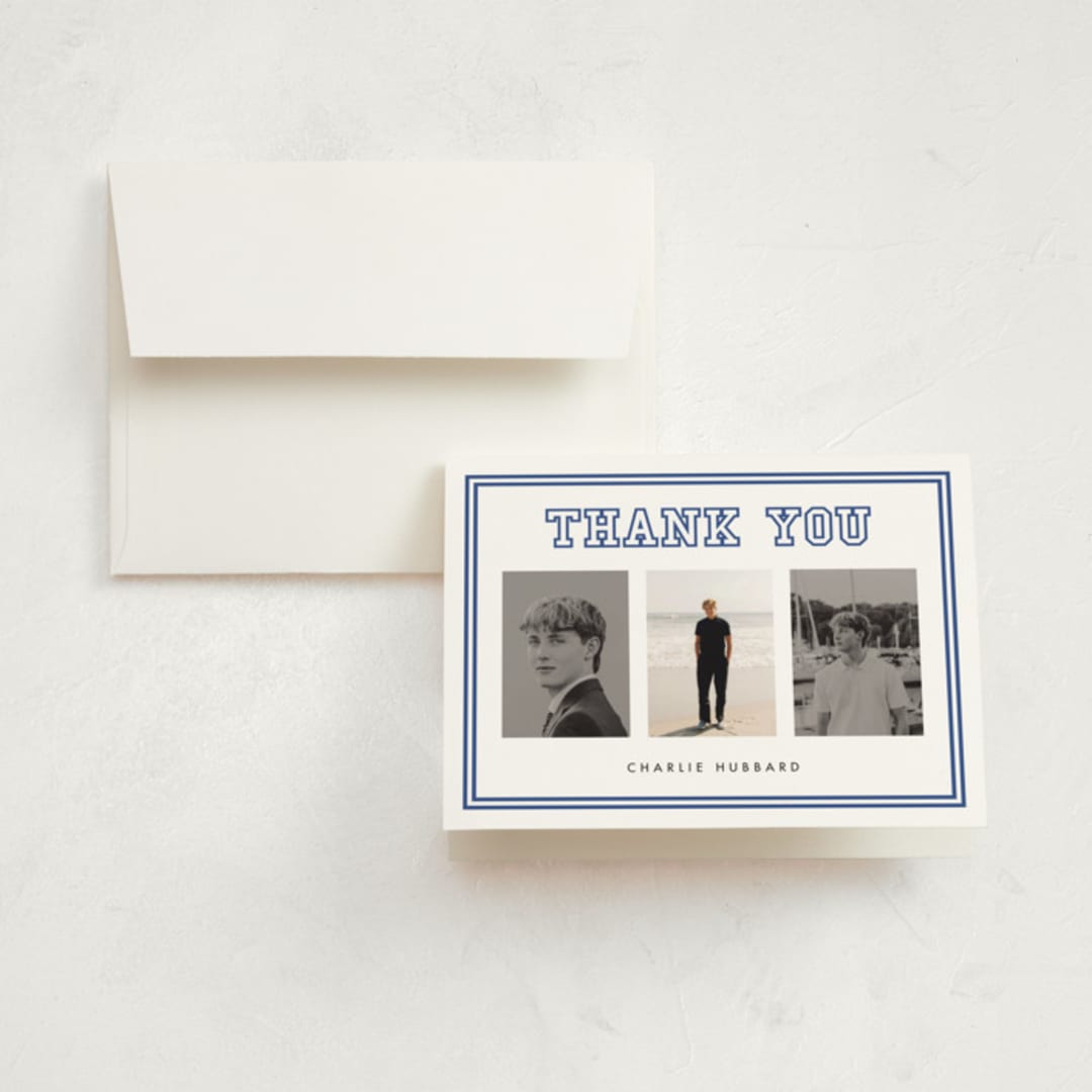 "Letterman" - Graduation Thank You Cards in Royal by Stacey Meacham - Front
