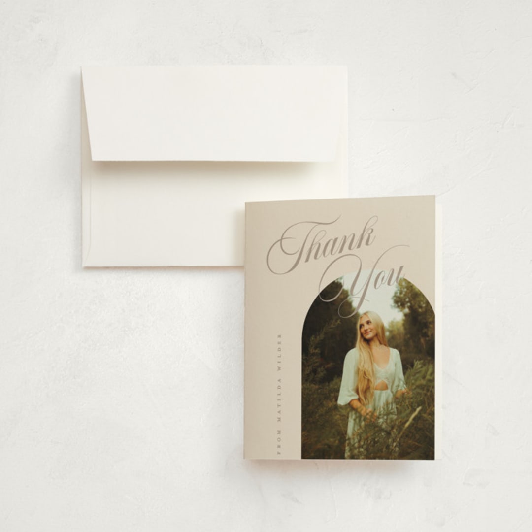 "Modern Curves" - Graduation Thank You Cards in Almond by Morgan Kendall - Front