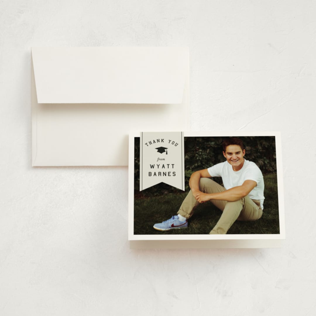 "grad ribbon" - Graduation Thank You Cards in Taupe by Sarah Curry - Front