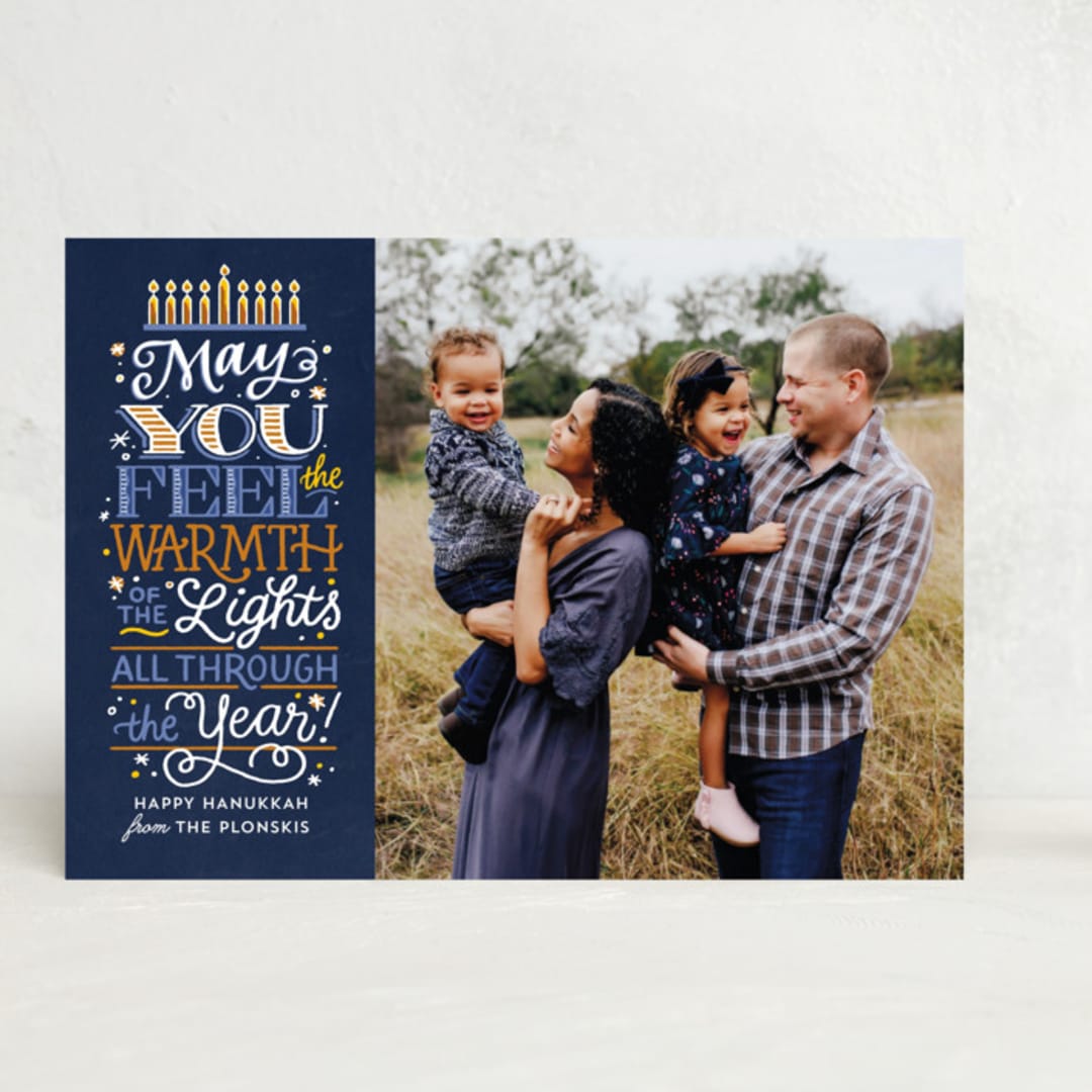 "Candle Warmth" - Hanukkah Cards in Navy by Laura Bolter - Front