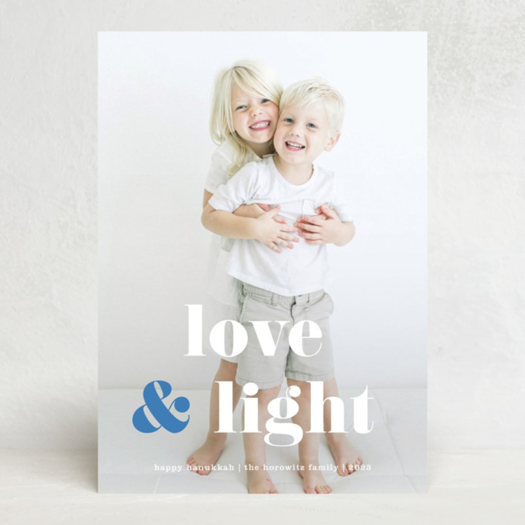 "Love & Light Type" - Hanukkah Cards in Denim by Kerry Doyle - Front