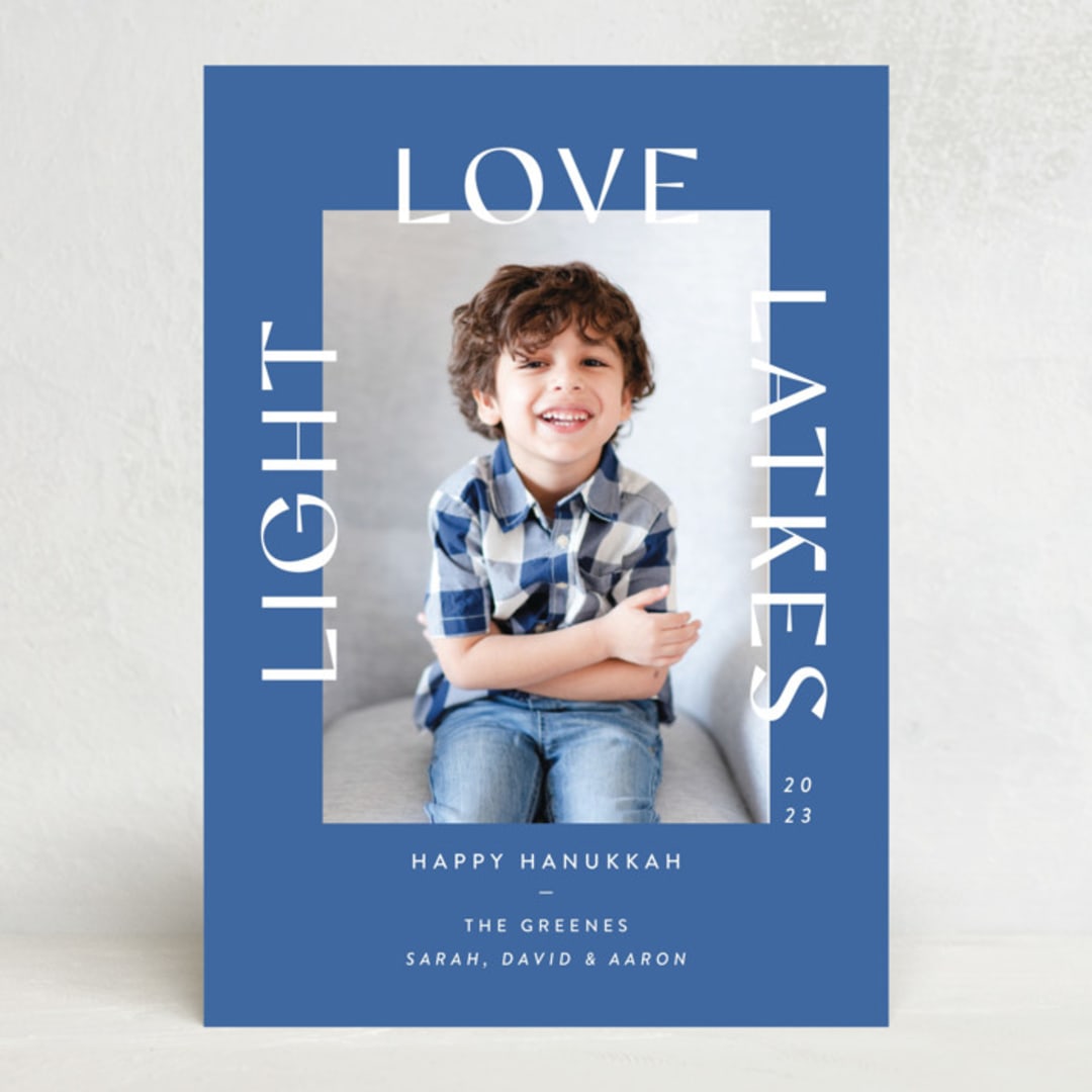 "Here for the Latkes" - Hanukkah Cards in Powder by Erika Firm - Front
