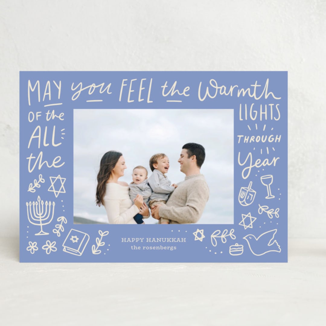 "Warmth Of The Lights" - Hanukkah Cards in Robin Blue by Abbigail Lim - Front