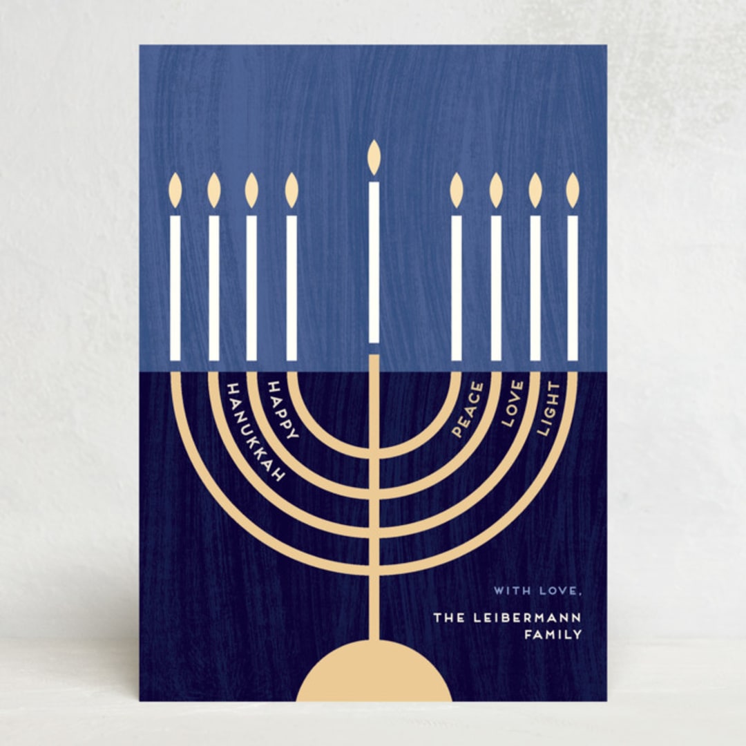 "Modern Menorah" - Hanukkah Cards in Navy by Kami Turnell - Front