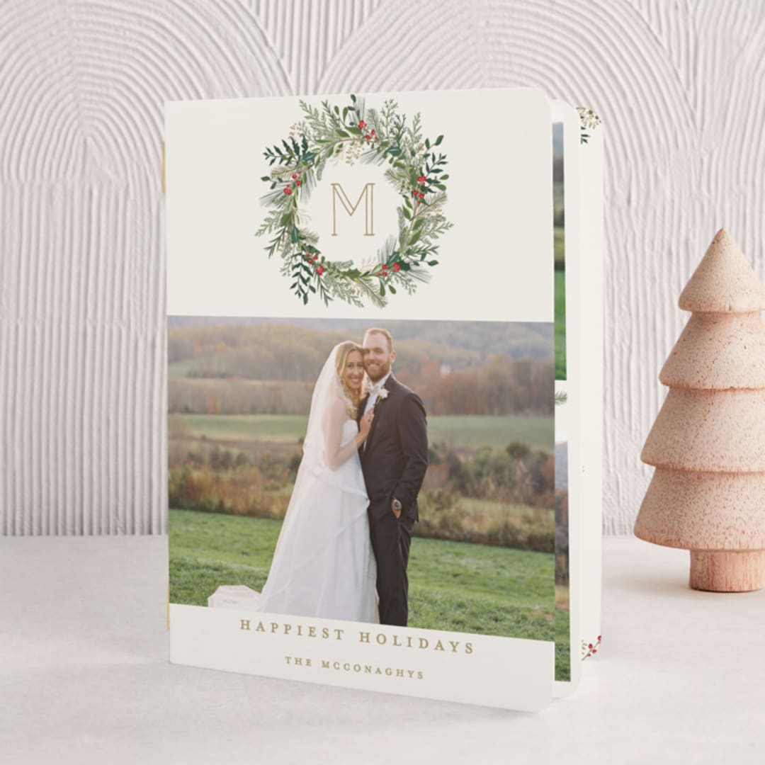 "Greenery Wreath" - Holiday Booklette Cards in Vanilla by Susan Moyal - Front