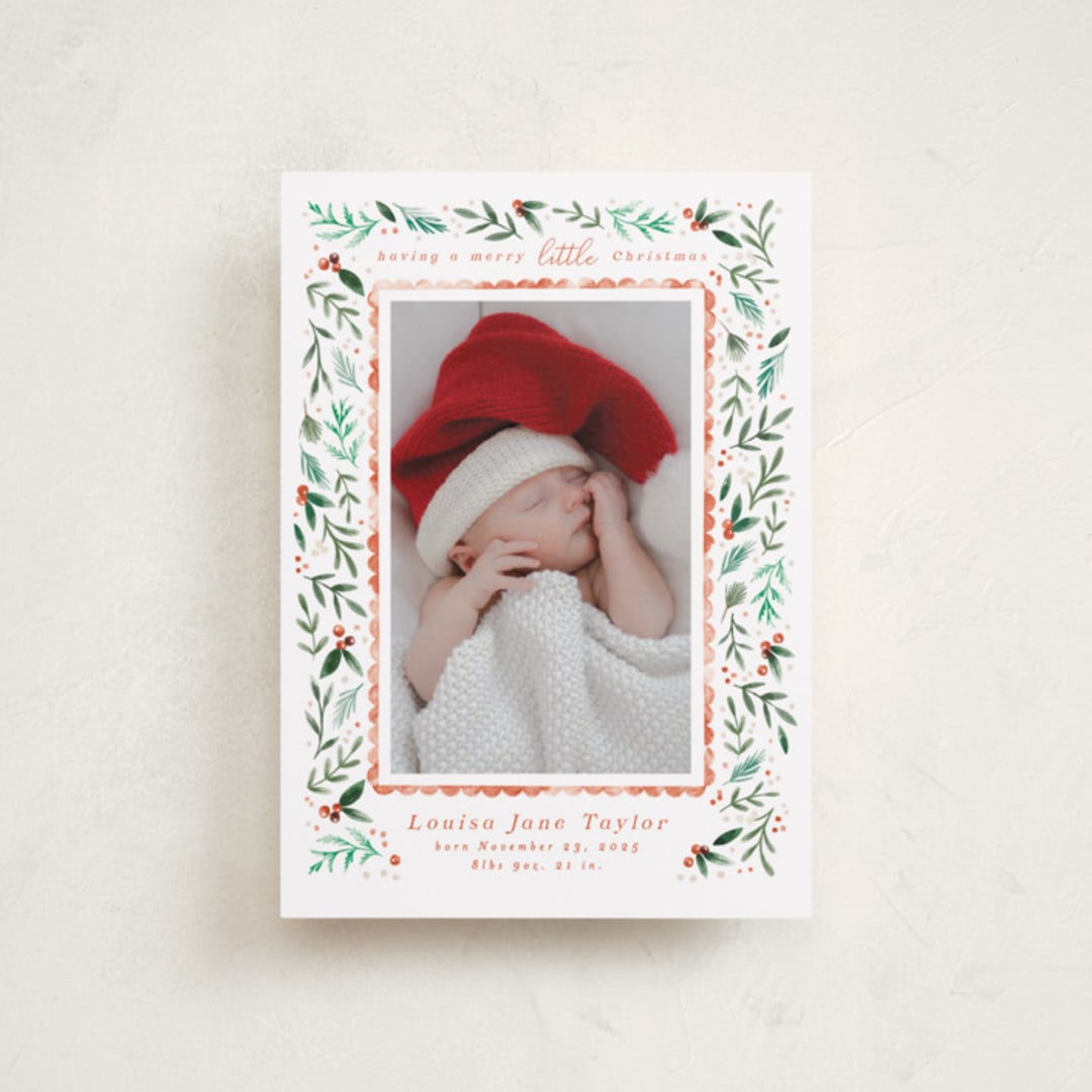 "Merry Little Christmas Greenery" - Holiday Birth Announcement Cards in Tangerine by Alethea and Ruth - Front