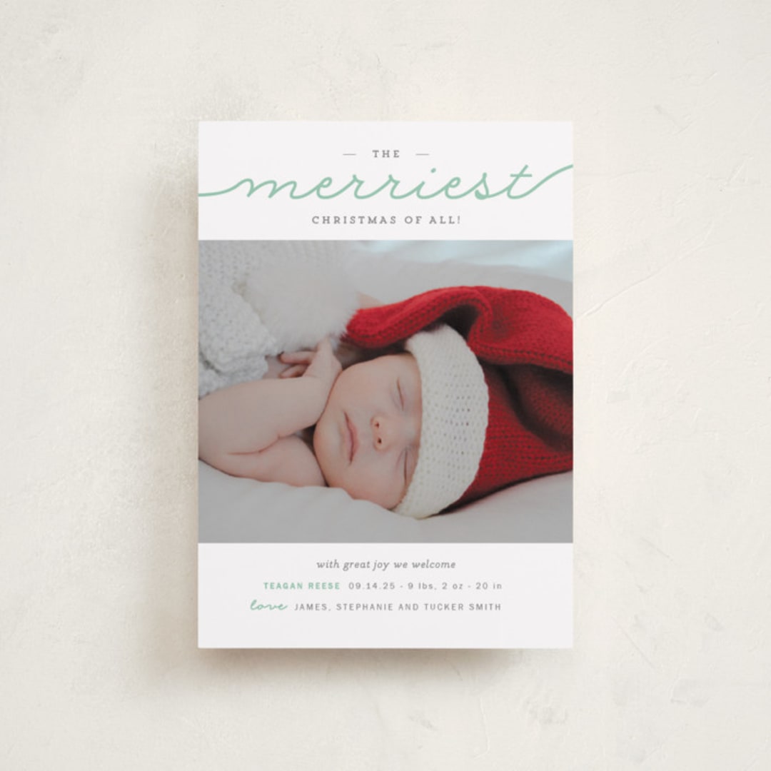 "The Merriest Christmas Of All" - Holiday Birth Announcement Cards in Deep Mint by Sara Hicks Malone - Front