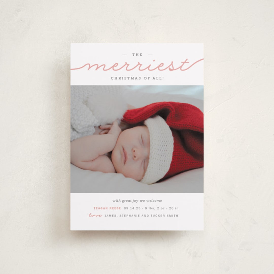"The Merriest Christmas Of All" - Holiday Birth Announcement Cards in Bubblegum by Sara Hicks Malone - Front