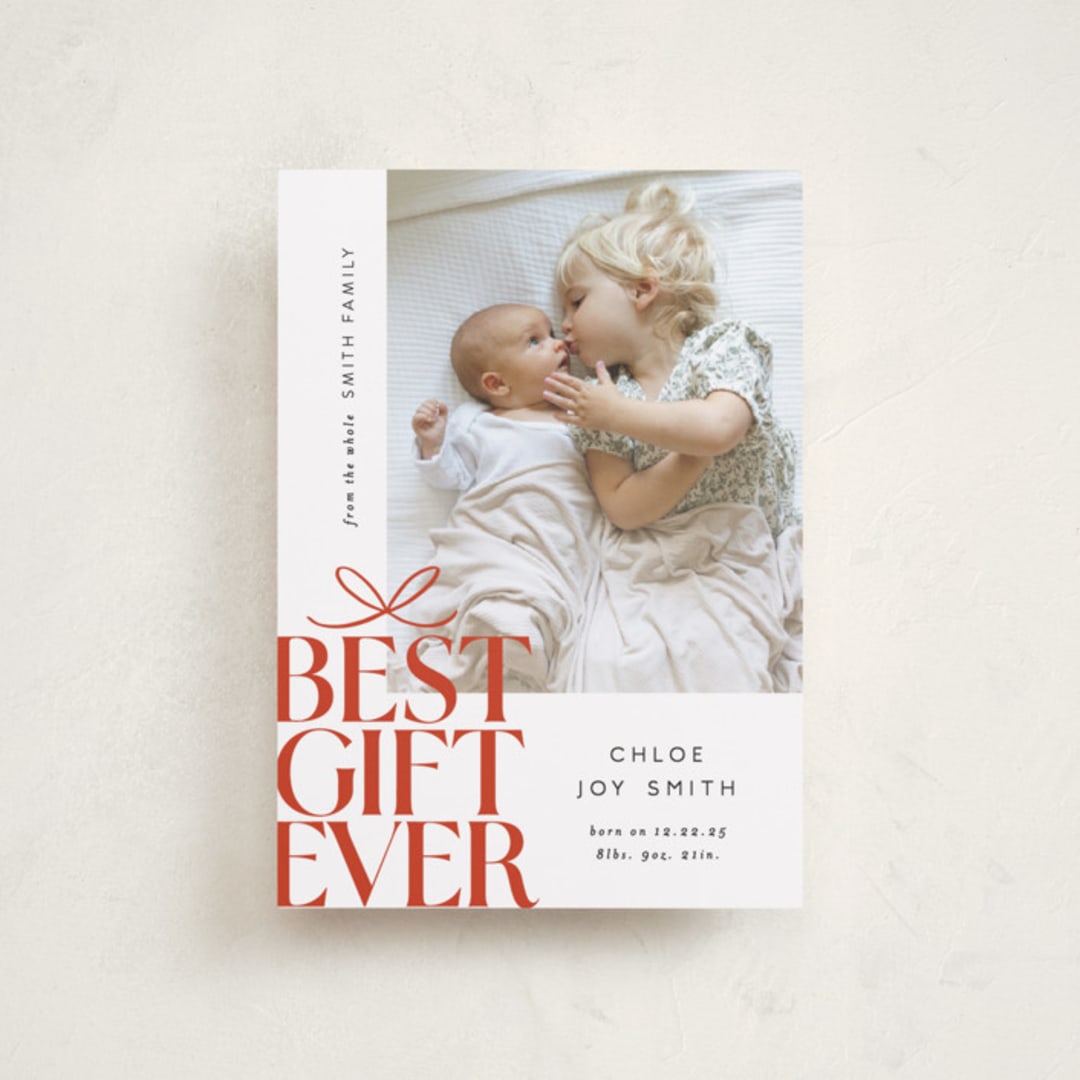 "Best Gift Ever bow" - Holiday Birth Announcement Cards in Citrus by Alethea and Ruth - Front