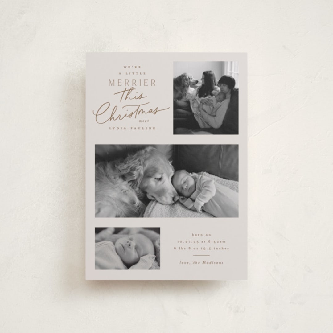 "Merrier This Year" - Holiday Birth Announcement Cards in Toffee by Everett Paper Goods - Front