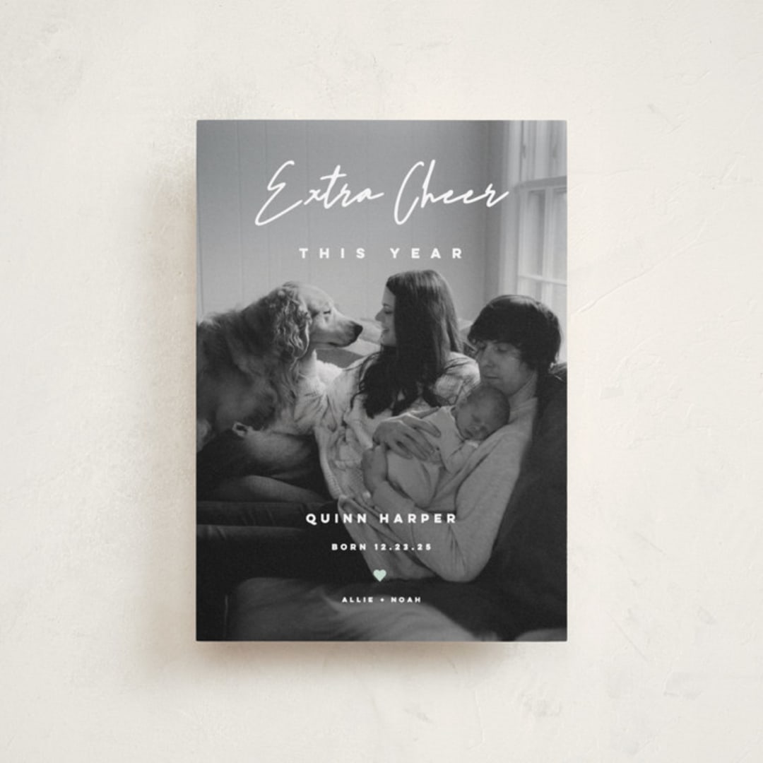 "Extra Cheer" - Holiday Birth Announcement Cards in Snow by fatfatin - Front