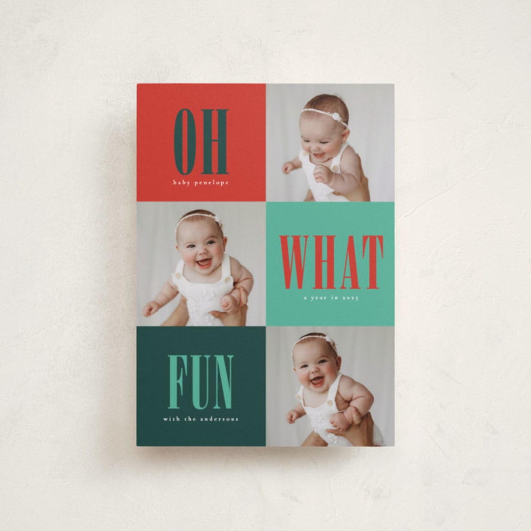 "Oh What Fun" - Holiday Birth Announcement Cards in Candied Apple by Stacy Maalouf - Front