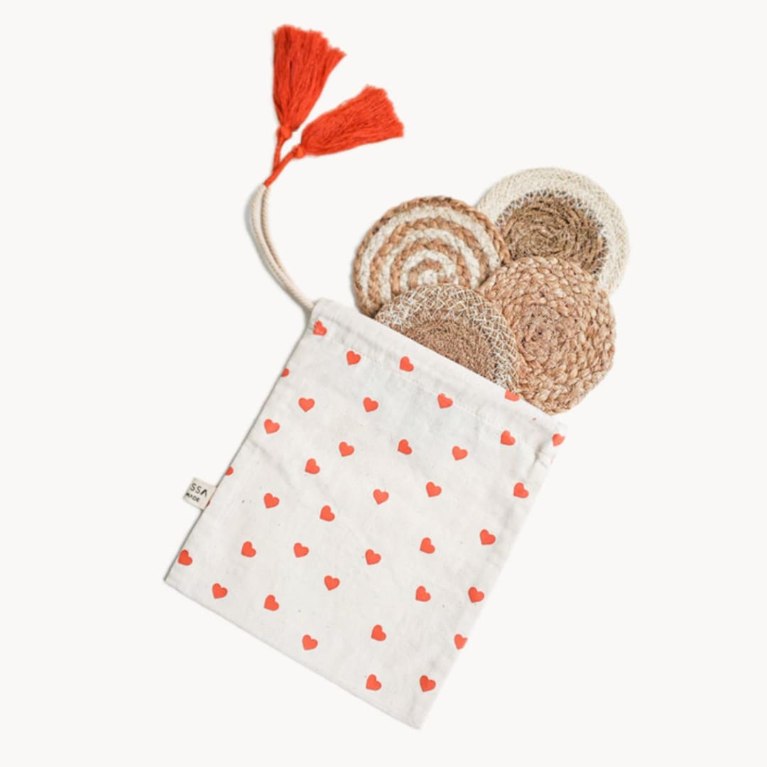 "Natural Coaster Gift Set with Heart pouch" - Coasters in natural by KORISSA