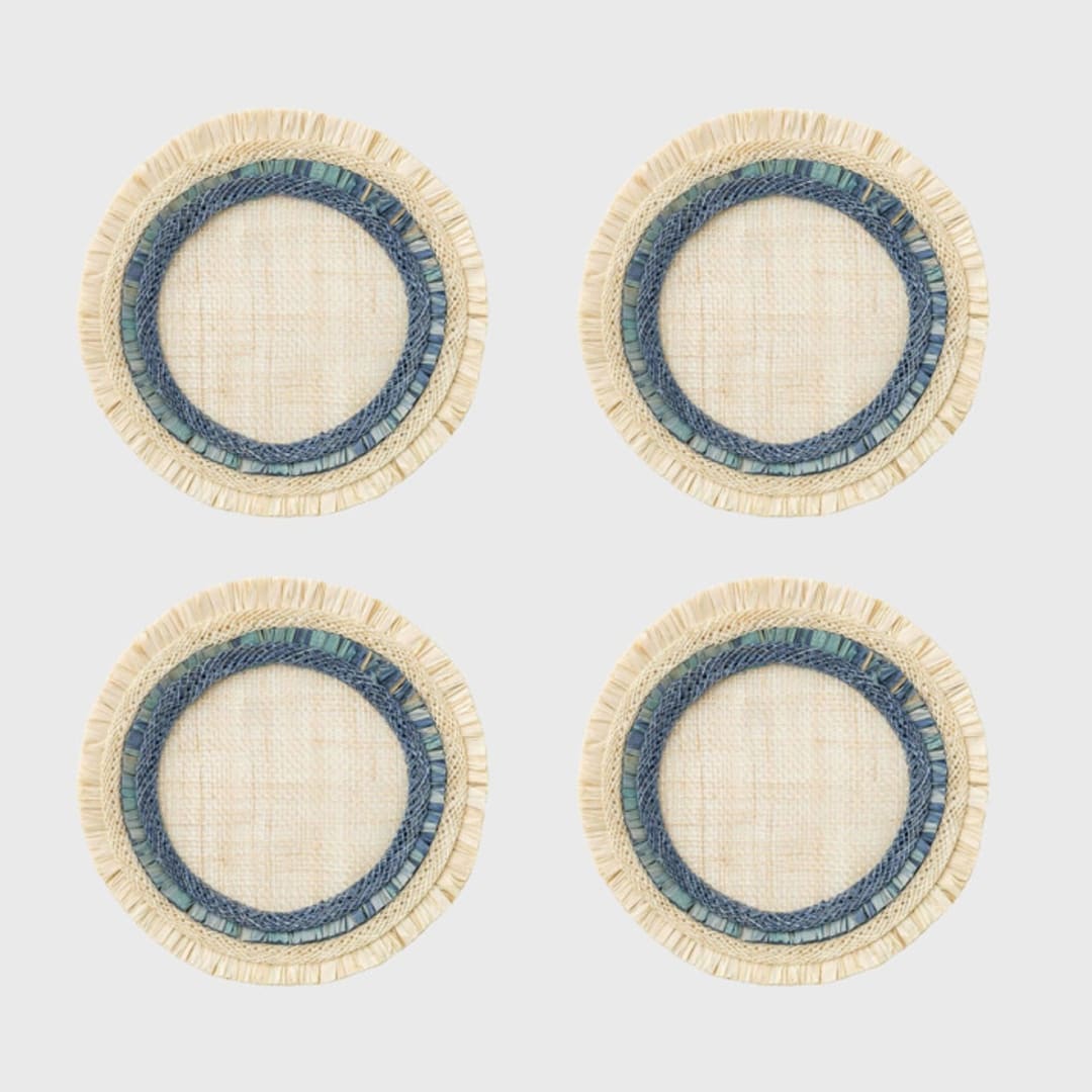 "Ruffle edge straw coasters, Indigo, set of four" - Coasters in blue by Joanna Buchanan