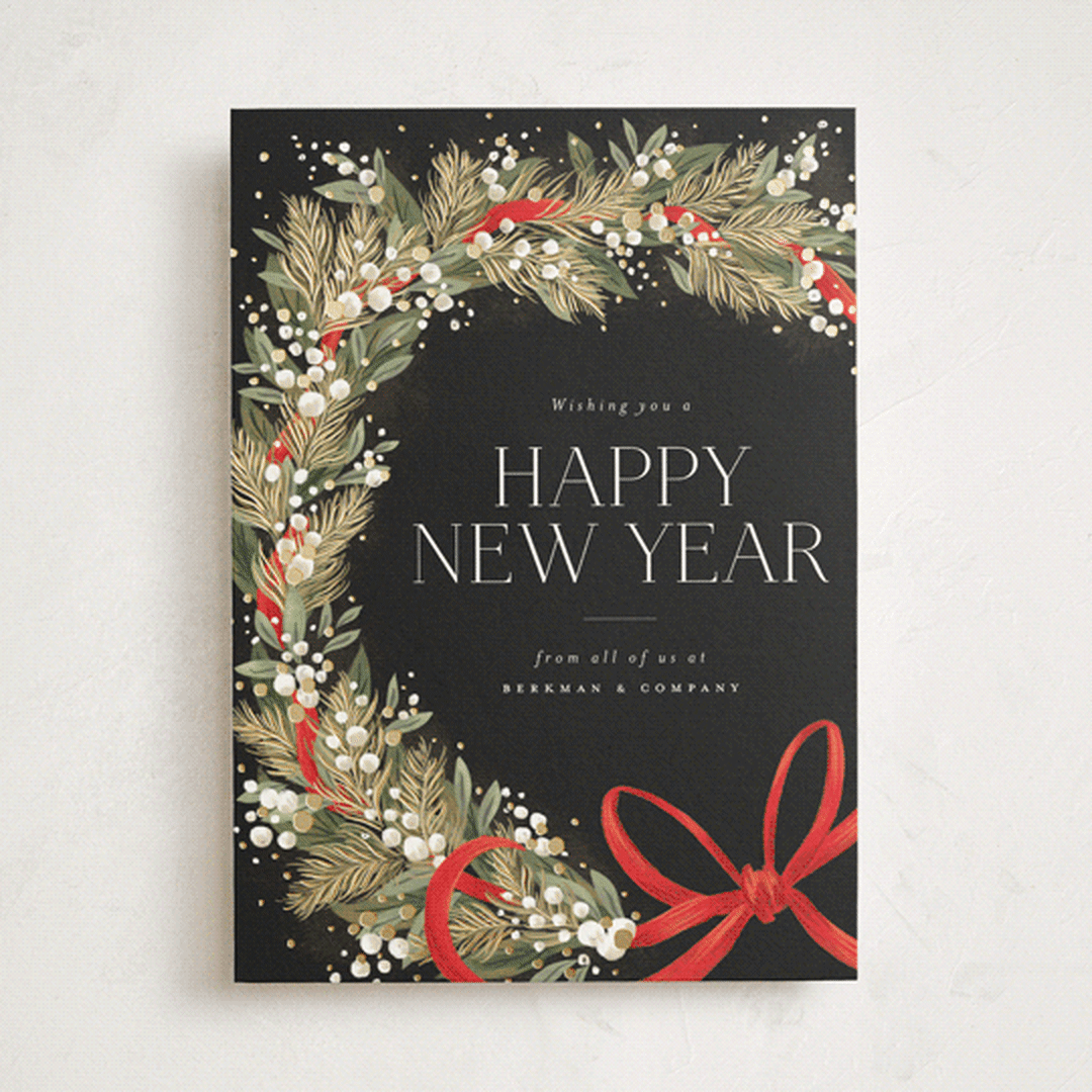 "Festive Side Ribbon Wreath" - Holiday Cards in Coal by Jackie Crawford - Front