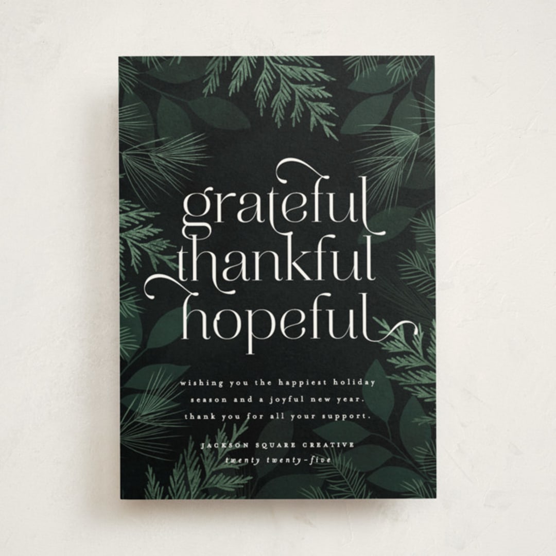 "Thankful Grateful Hopeful" - Holiday Cards in Wintergreen by Kelly Schmidt - Front