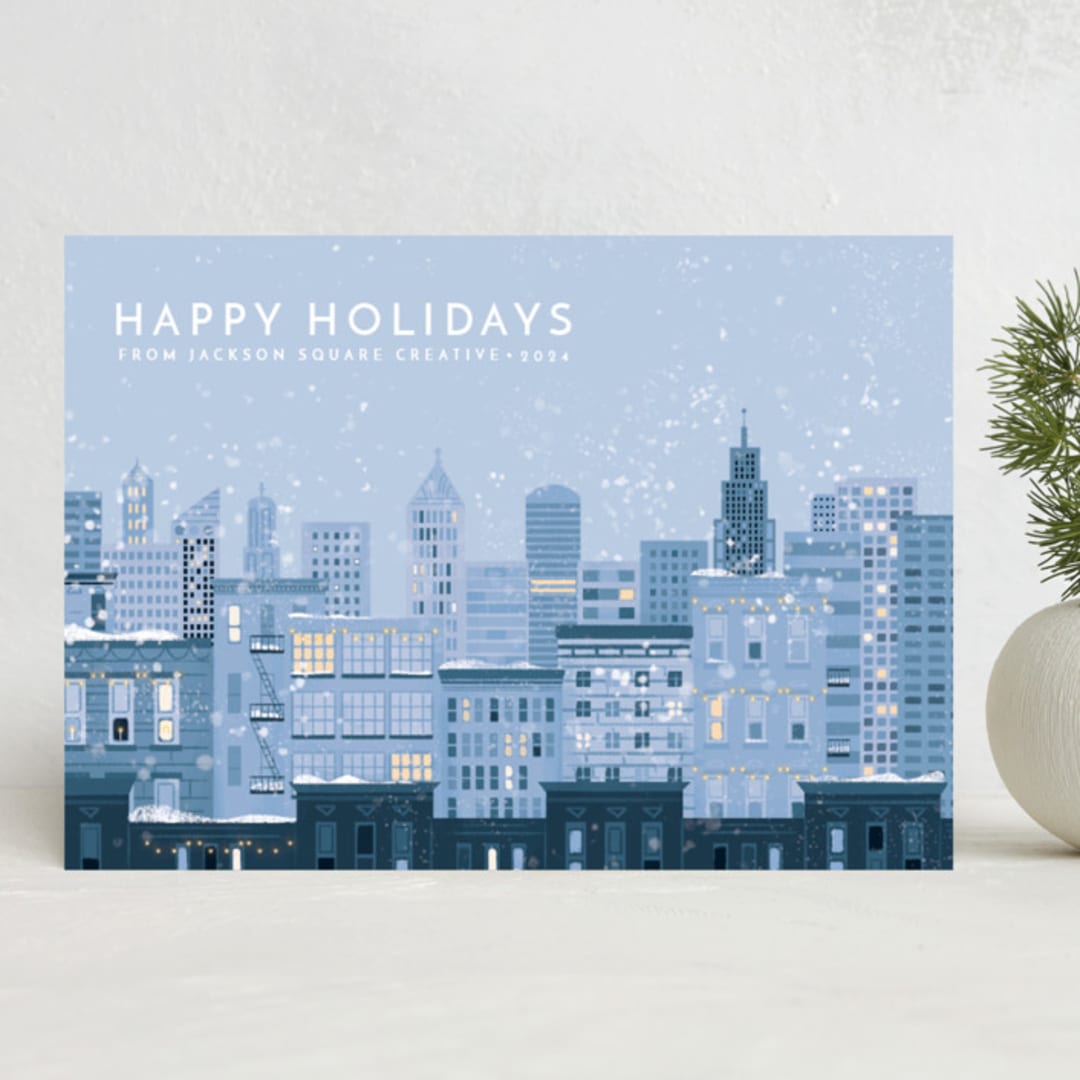 "Holidays in the City" - Holiday Cards in Snow by Laura Mitchell - Front
