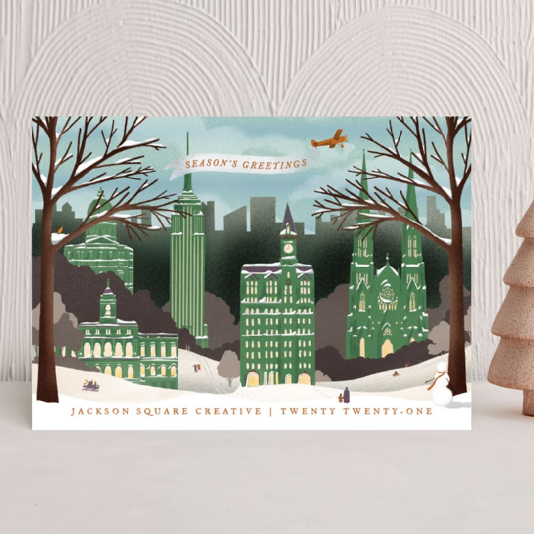 "Vintage New York Winter" - Holiday Cards in Pine by Becky Nimoy - Front