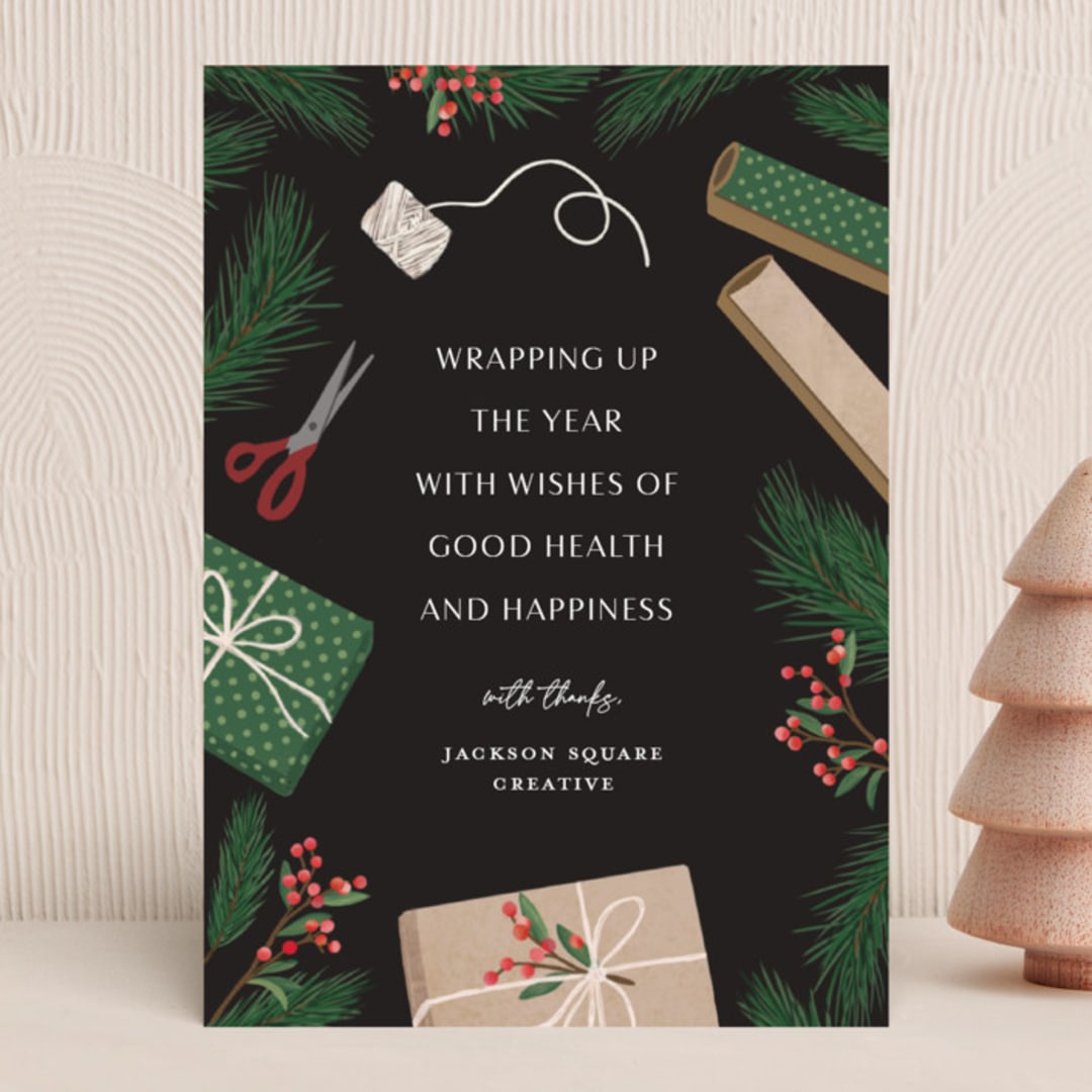 "Wrapping Up" - Holiday Cards in Pine by Katherine Moynagh - Front