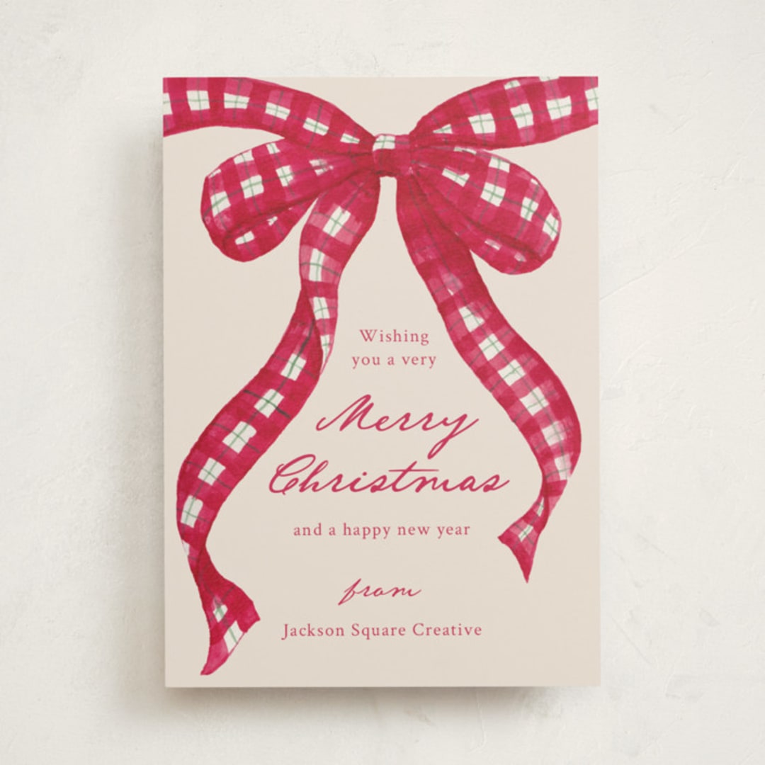 "Tartan Bow" - Holiday Cards in Cranberry by ForeverPrint - Front