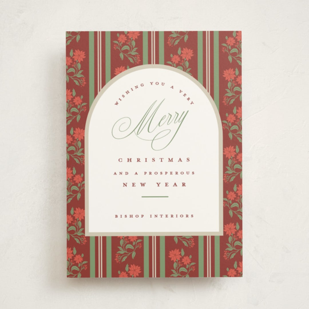 "Poinsettia Stripe Wallpaper" - Holiday Cards in Cranberry by Susan Zinader - Front