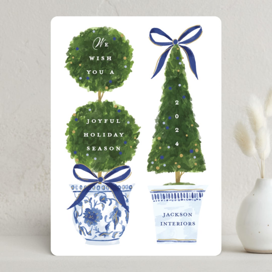 "Festive Topiaries" - Holiday Cards in Harbor by Susan Zinader - Front