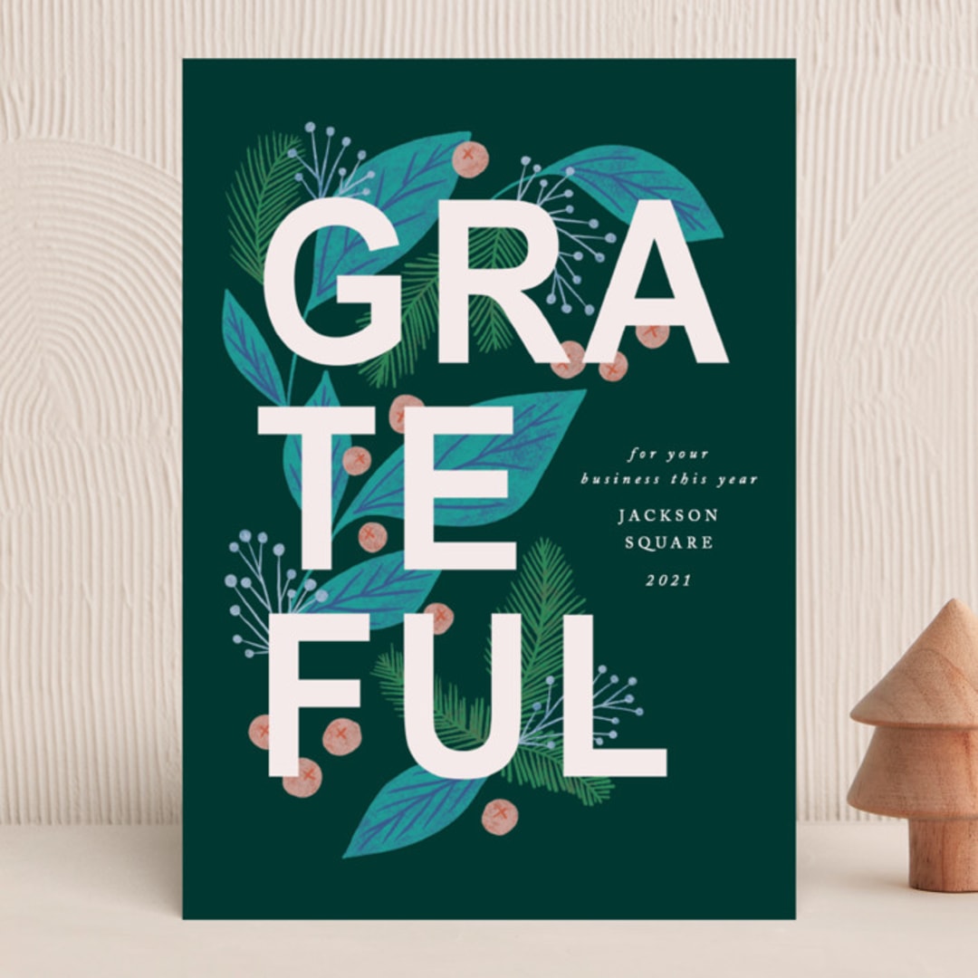 "Grateful" - Holiday Cards in Evergreen by Jen Owens - Front