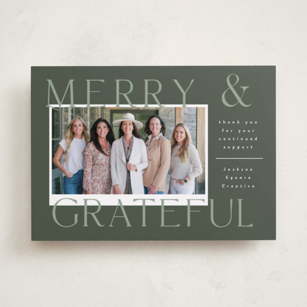 "Joyful and Grateful" - Holiday Cards in Sage by Corinne Malesic - Front