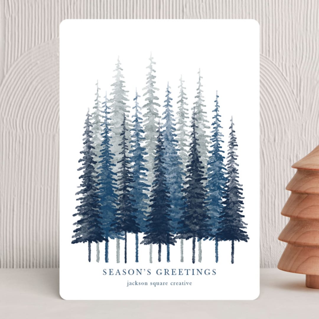 "Misty Pines" - Holiday Cards in Navy by Kelly Benson - Front