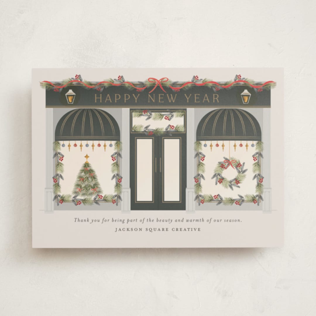 "Season’s Greetings Storefront" - Holiday Cards in Wreath by Ana de Sousa - Front