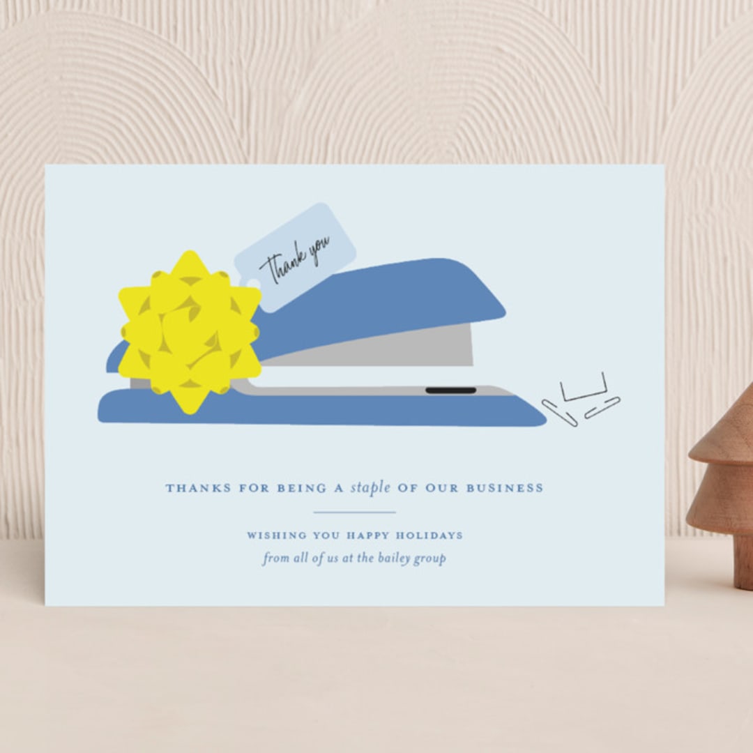 "Stapler with Bow" - Holiday Cards in Blueberry by Alexandra Cohn - Front