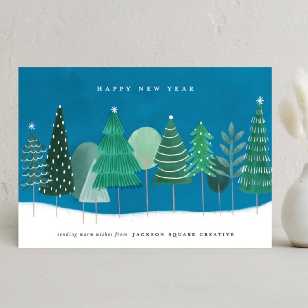 "Snowy Trees" - Holiday Cards in Royal Blue by Bethan - Front