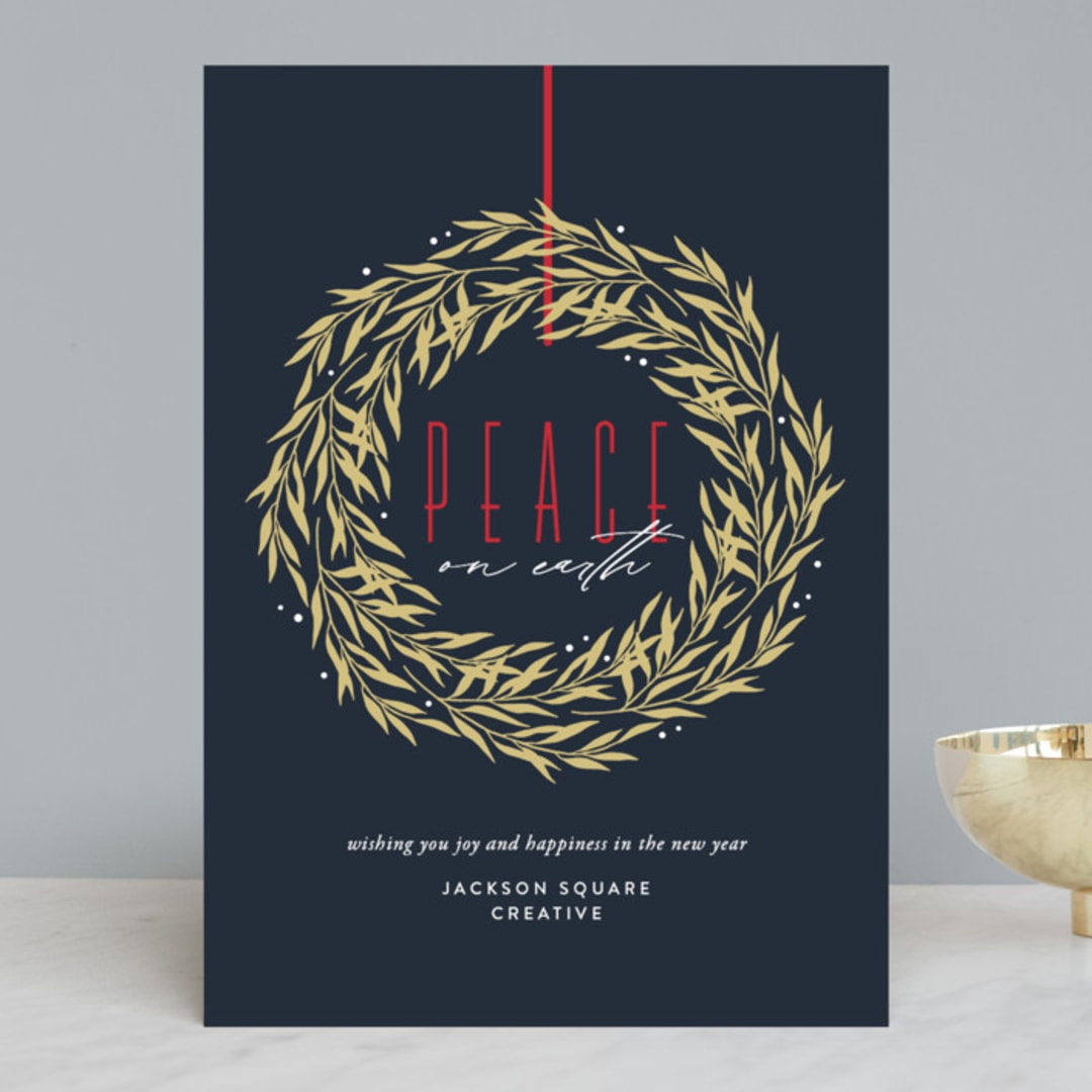 "Peace Wreath" - Holiday Cards in Navy by Eric Clegg - Front