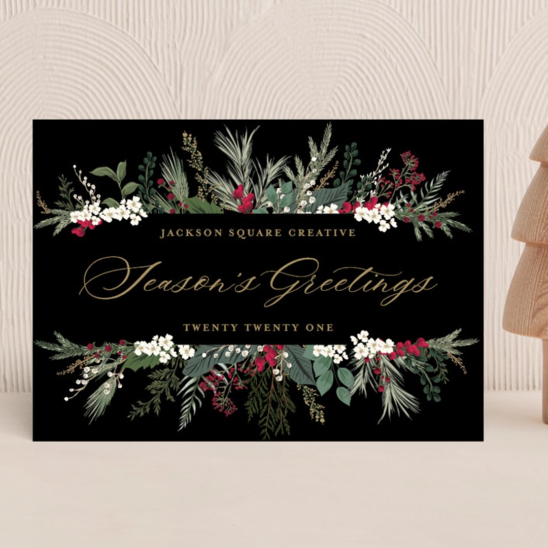 "Botanical Banner" - Holiday Cards in Mulled Wine by Susan Moyal - Front