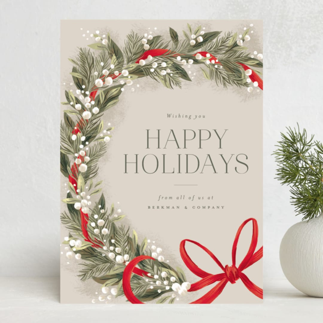 "Festive Side Ribbon Wreath" - Holiday Cards in Eggnog by Jackie Crawford - Front