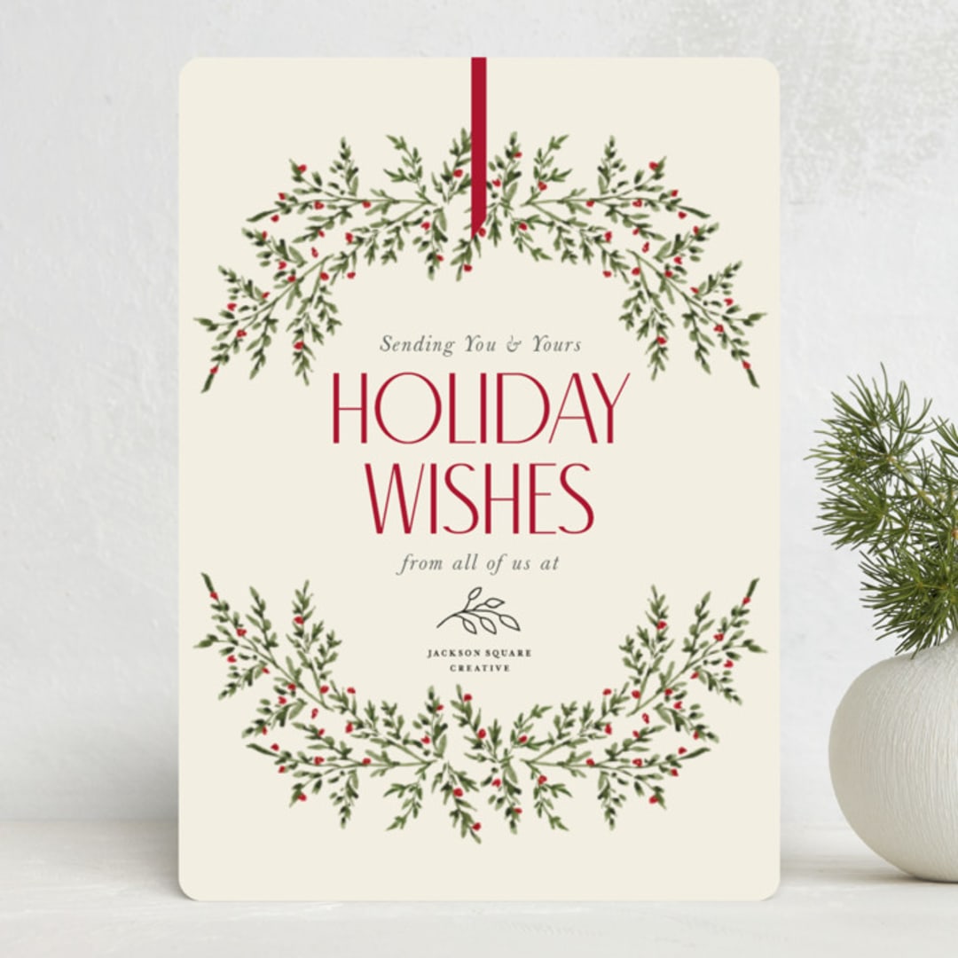 "Timeless Wreath" - Holiday Cards in Crimson by Beth Schneider - Front