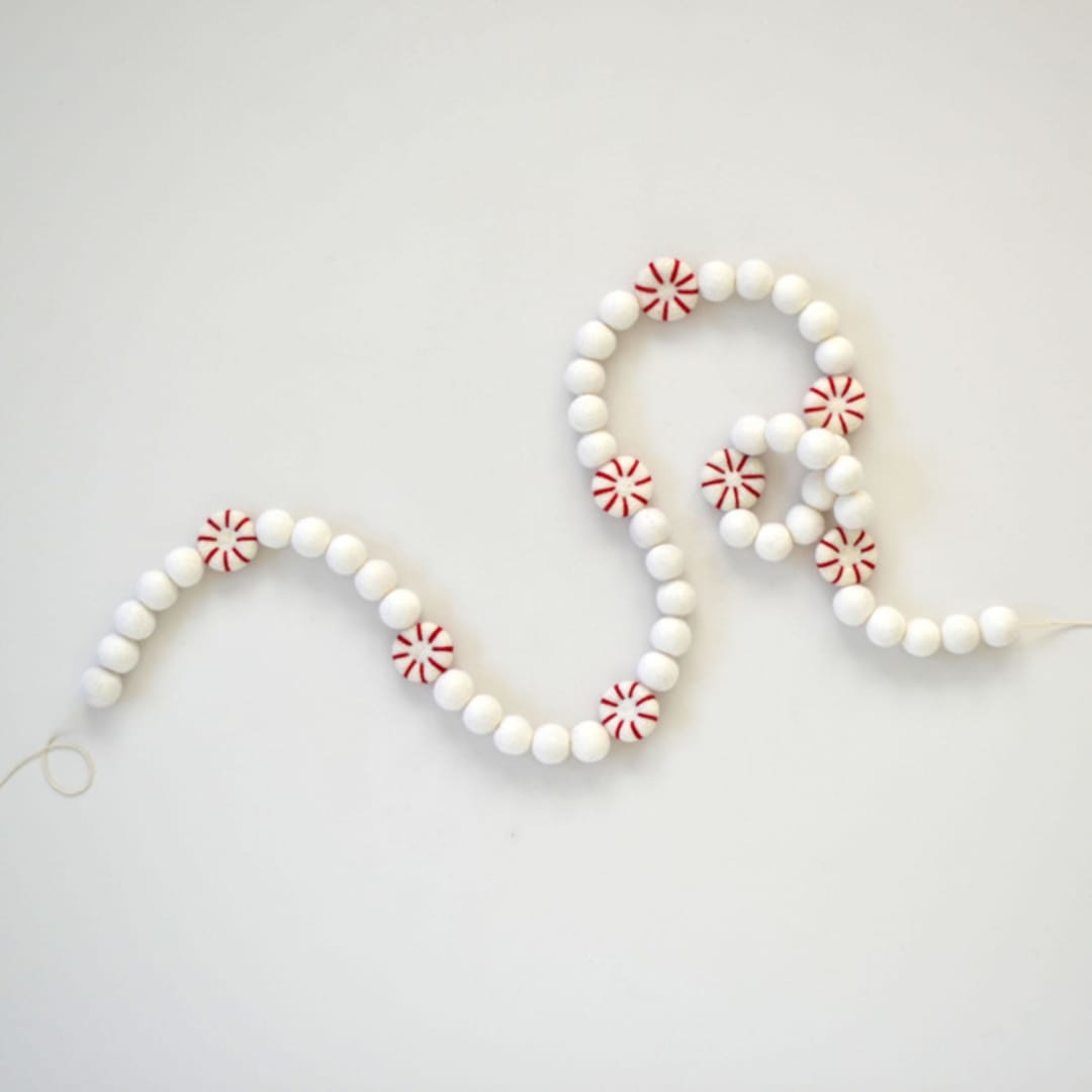 "Felt Christmas Garland, Peppermint & Candy White Felt Balls" - Garlands in white by TwentyEight12