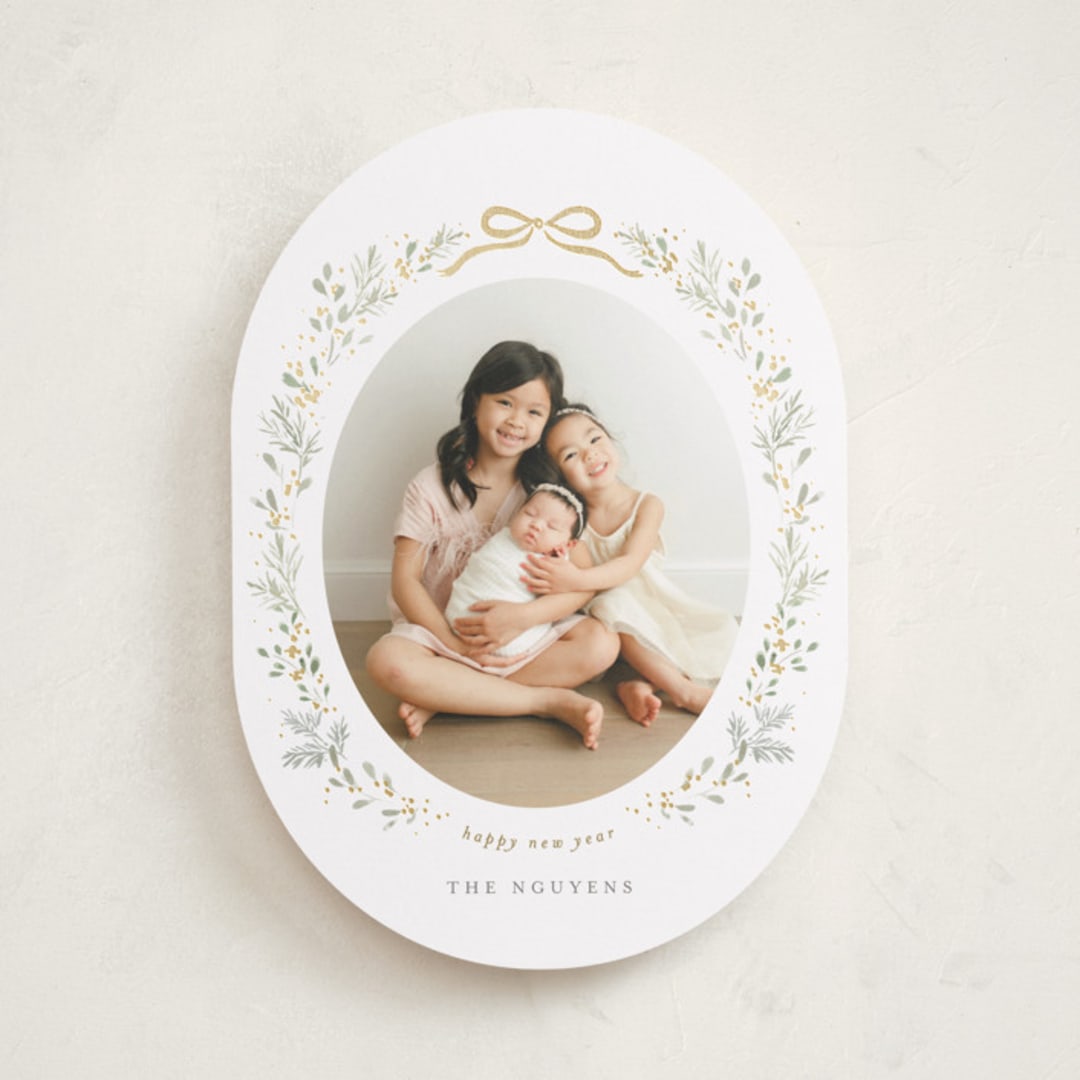 "Ribbon & Wreath" - Holiday Cards in Sage by Itsy Belle Studio - Front