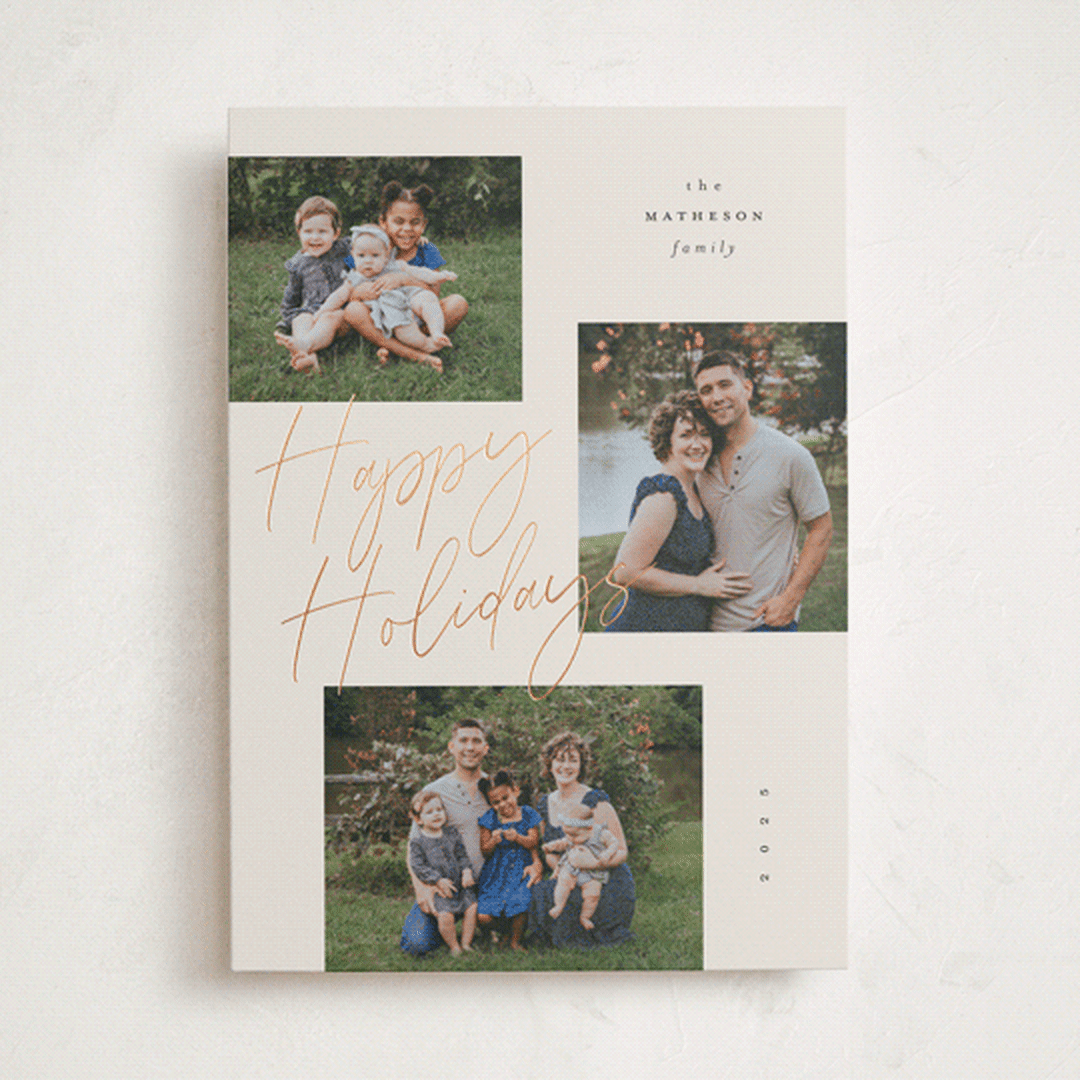 "Scripted Triple" - Holiday Cards in Linen by Kelly Schmidt - Front