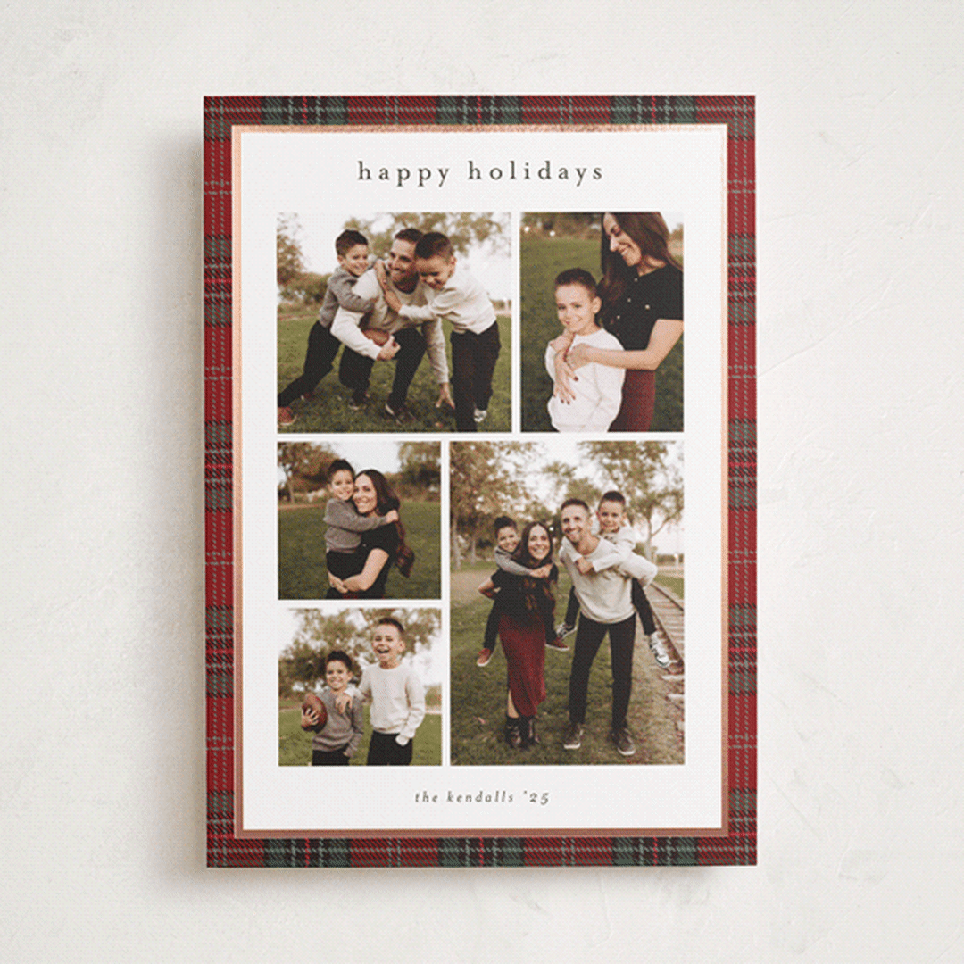 "Plaid Collage" - Holiday Cards in Berry by Stacey Meacham - Front