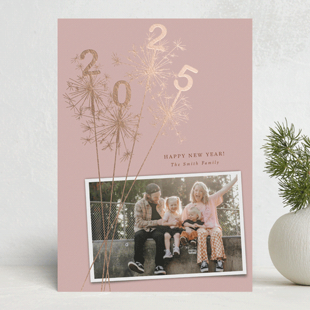 "New Year Sparklers" - Holiday Cards in Dusty Pink by Paula Pecevich - Front